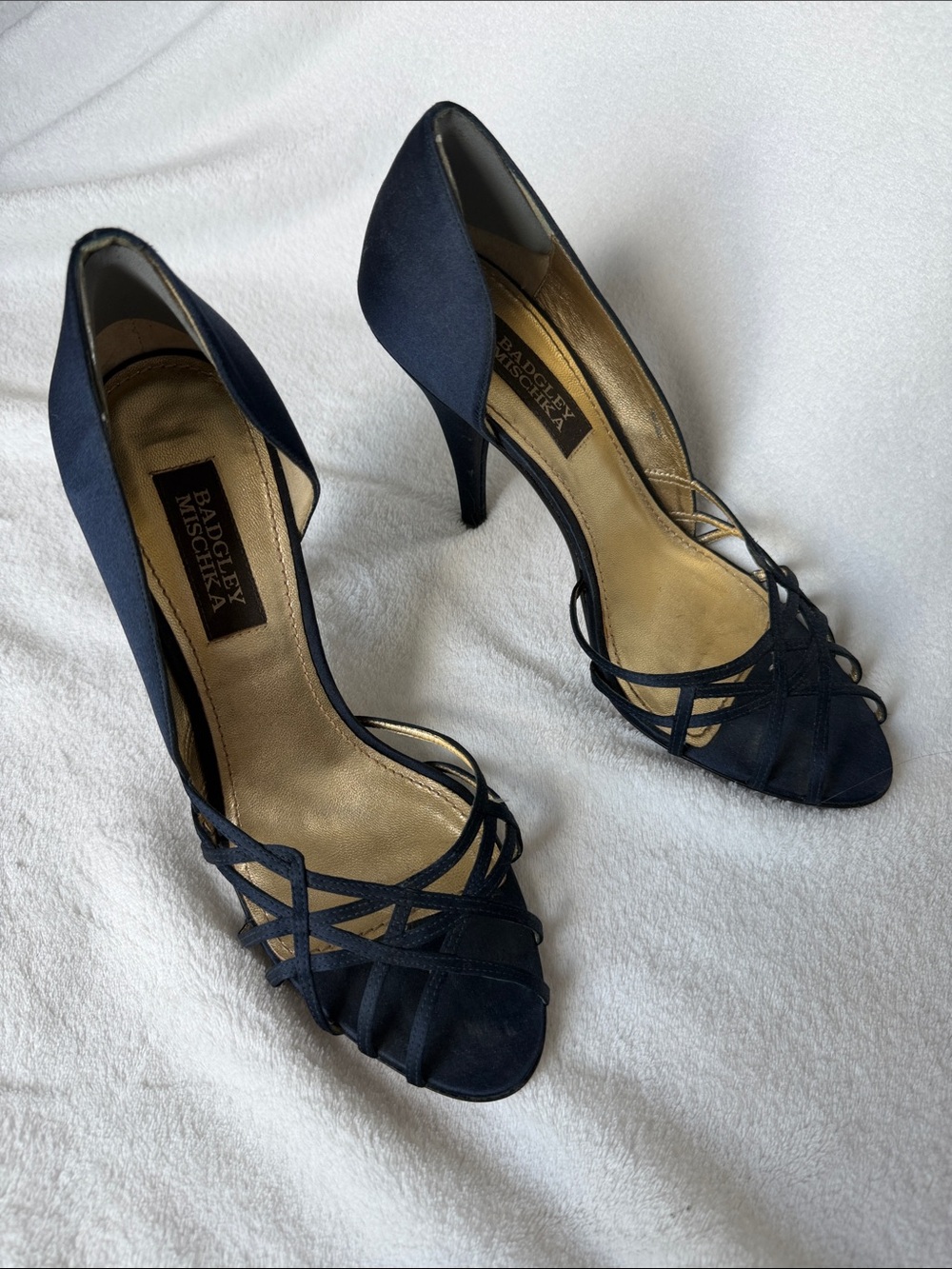 Badgley Mischka Navy Strappy Satin Open-Toe Pumps